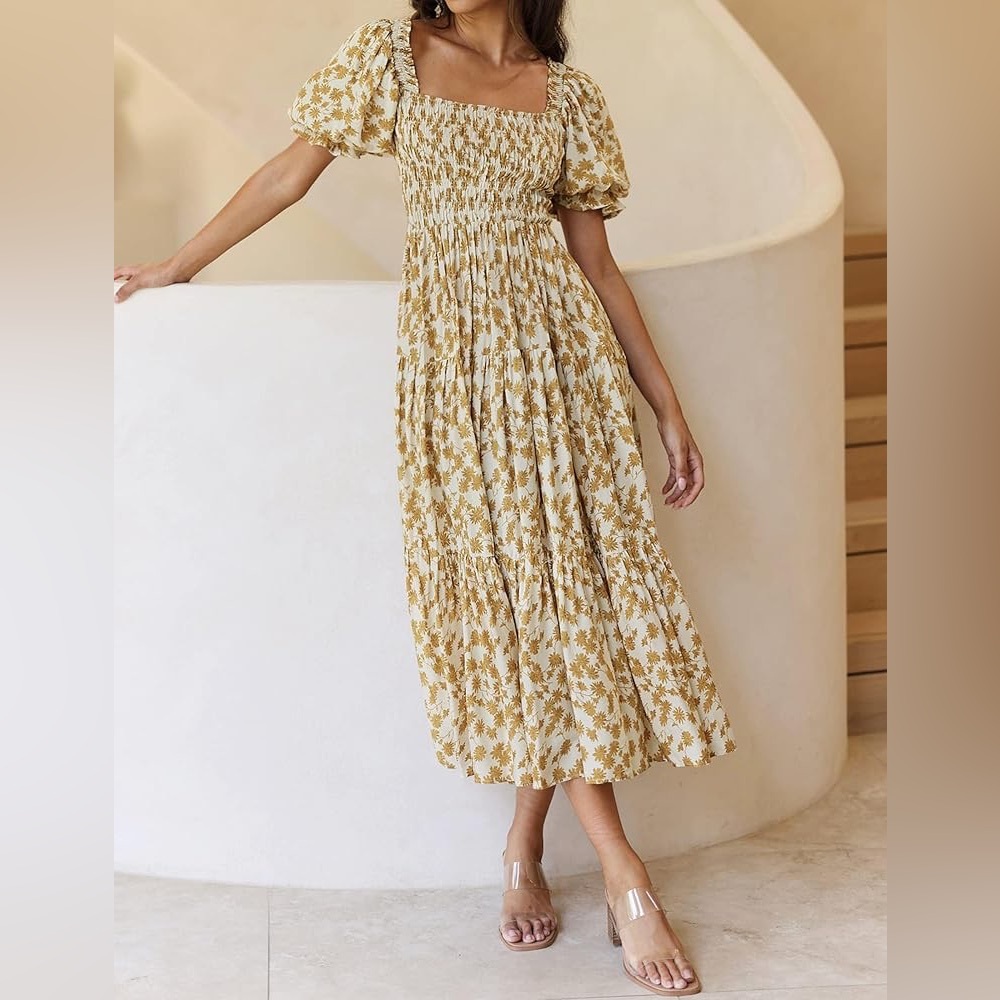 Gold and White Floral Puff Sleeve Midi Dress